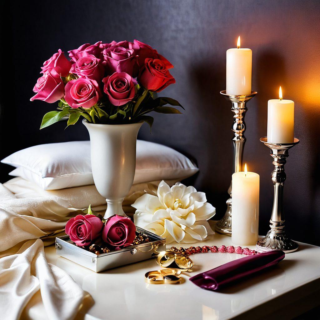 A beautifully arranged display of luxurious adult playthings including elegant vibrators, soft cuffs, and sleek accessories, set against a romantic backdrop with dimmed lighting and candles. Soft textures and warm colors highlight the playfulness and intimacy of couple activities, inviting connection and exploration. Incorporate subtle floral elements to convey romance and passion. glamorous and intimate. vibrant colors. soft focus.