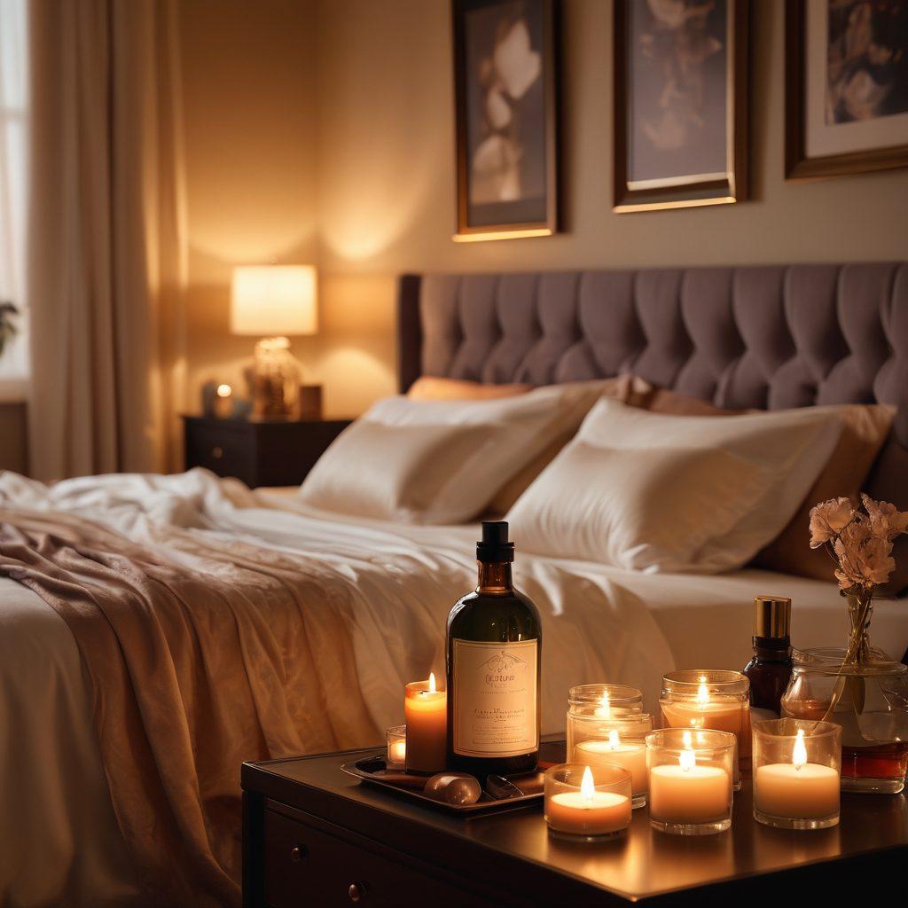 A romantic bedroom setting featuring a beautifully arranged collection of sensual products such as candles, massage oils, and silk sheets. Soft lighting casts a warm glow, creating an intimate atmosphere. A couple is playfully interacting in the background, showcasing connection and laughter. Subtle hints of elegance and allure enhance the scene. super-realistic. warm tones. soft focus.